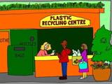 Voici un centre de recyclage imaginaire. Les gens apportent leurs déchets plastiques à recycler et 
ils sont payés pour le faire