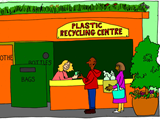 Here's an imagined plastic recycling centre. People are taking their waste plastic to be recycled and they get paid for doing this